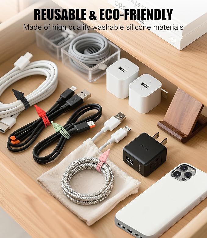 Nearockle 24Pcs Silicone Cable Ties Cord Organizer, 4.5" Reusable Cord Ties for Bundling Electrical Wire in Home, Office, School, Cute Cable Organizer Travel Essentials (Multicolor)