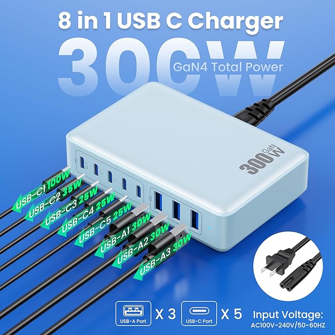 USB C Charger 300W USB C Charger Block, 8-Ports GaN IV Fast Charging Station Hub,PD 100W Laptop Charger Adapter,for MacBook Pro/Air/iPad/iPhone16/15/14/Apple Watch/DELL/Samsung for Home Office