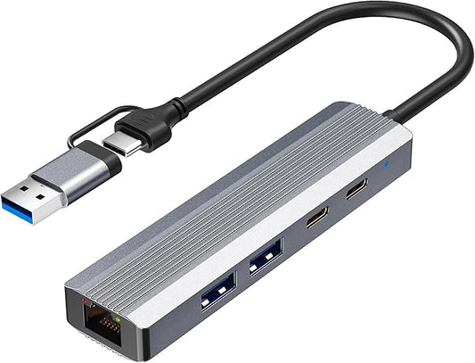5-in-1 USB C Hub Adapter with Gigabit Ethernet, 2X USB 3.0 Ports, 2X USB C Data Ports, for Windows MacOS Linux Computers and Laptops