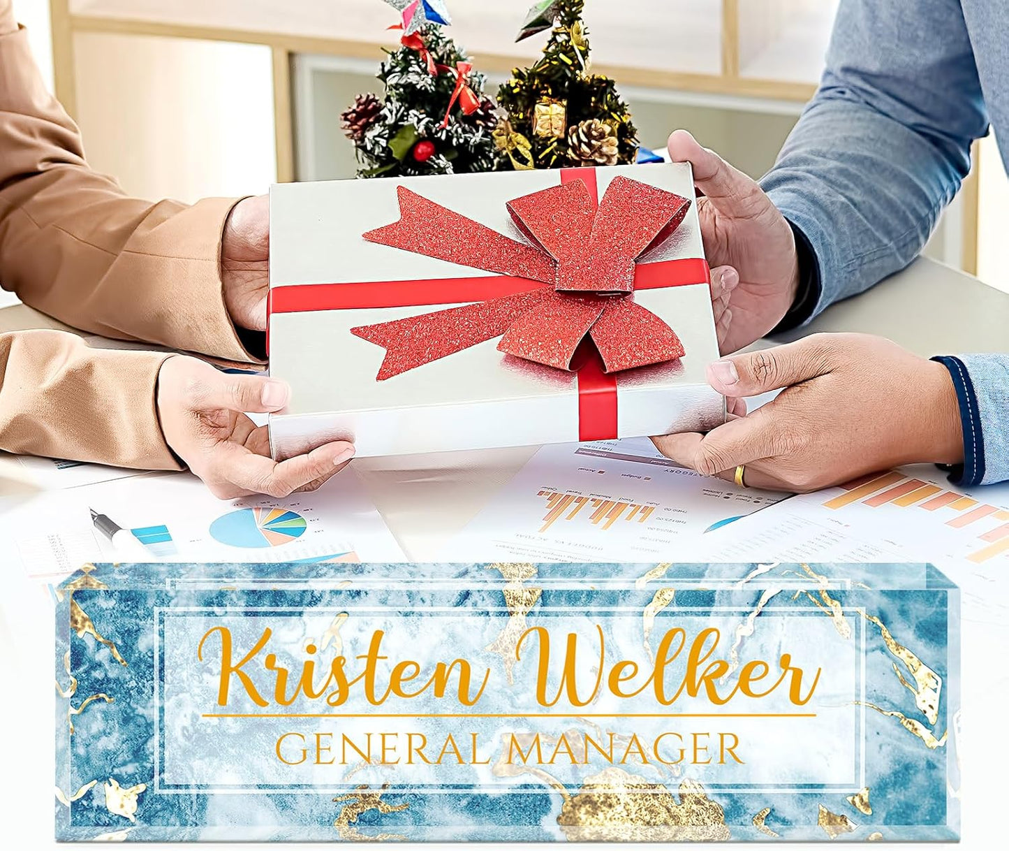 Gowellly Desk Name Plate Personalized - Custom Acrylic Name Plate for Desk - Enterprise Custom Logo/Text nameplates - Employee Appreciation Gifts (Blue Marble)