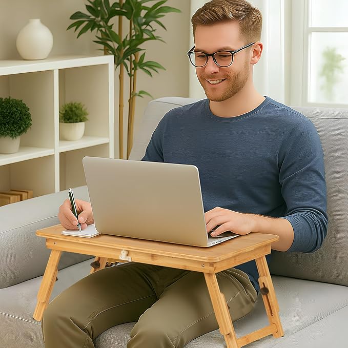 Bamboo Laptop Desk, Folding Adjustable Lap Tray Table with Drawer, Portable Lap Desk for Working, Reading, Breakfast on Sofa, Couch, or Floor