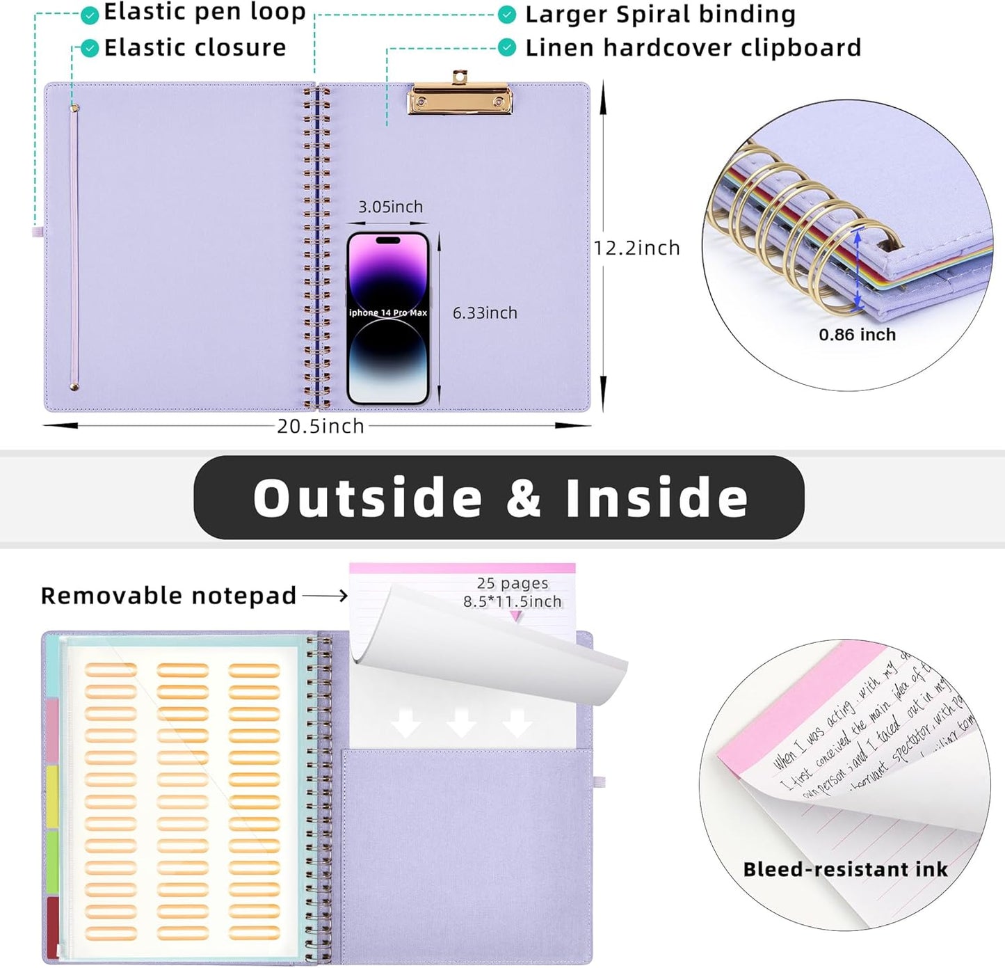 Ospelelf Foldable Spiral Clipboard Folio with Storage Zipper Pouch, 5 Plastic Folders with 10 Pockets, Refillable Lined Notepad (11" x 8.5"), Linen Hardcover Project Organizer (Light Purple)
