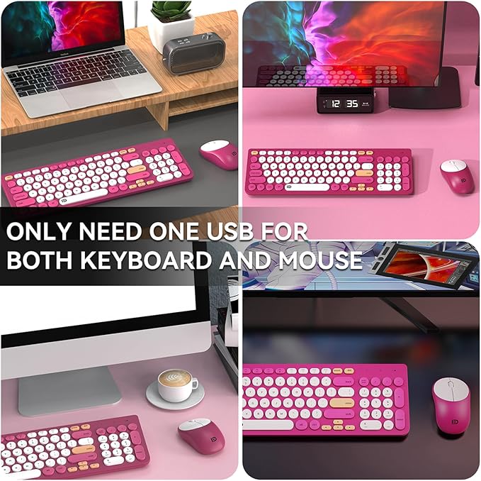 FD Wireless Keyboards and Mouse Combo - 2.4GHz USB Cordless, Cute Wireless Keyboard Round Keys, Quiet and Slim Set for Laptop, Computer, TV and Mac - Strawberry White Colorful