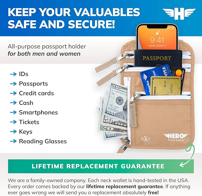 HERO Neck Wallet - RFID Blocking Passport Holder, Easy to Conceal and Pouch