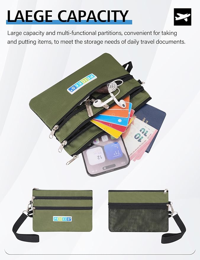 Peicees World Travel Essentials Currency and Passport Organizers Cash Cards Tickets Holder RFID Blocking Wallet, Army Green