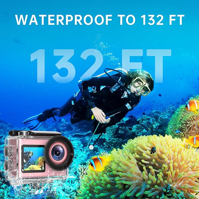 ODDV 4K60FPS 30MP Action Camera with Front LCD and Touch Rear Screens, Underwater Camera with 64GB Memory Card, 132FT Waterproof Camera, EIS, 5X Zoom, WiFi Remote Control（Pink）