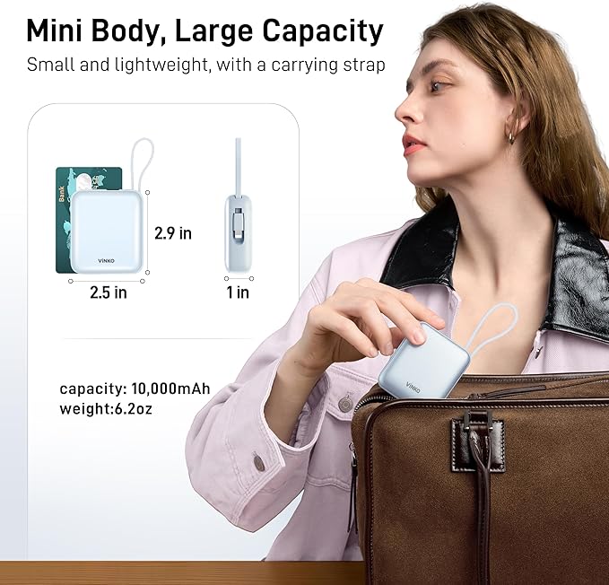 VINKO Portable Charger with Built-in Cable, 10000mAh 22.5W Fast Charging USB C Battery Bank, Cell Phone Power Bank for iPhone 16 15 14 Samsung Galaxy S24 S23 Series Android Tablet (Blue)