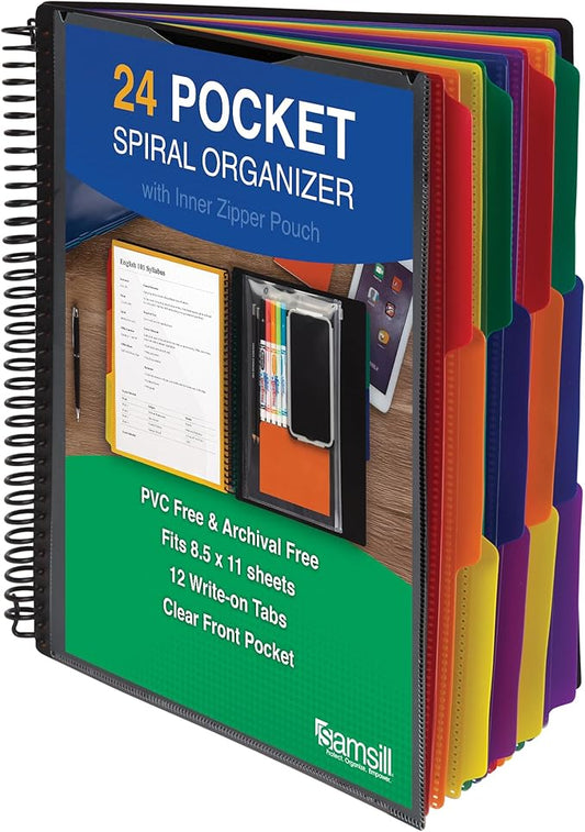 Samsill Deluxe 24 Pocket Spiral Project Organizer with Inner Zipper Pouch, Customizable Front Cover, 12 Dividers with Erasable Write-On Tabs in Assorted Colors, Plastic Folders with Pockets