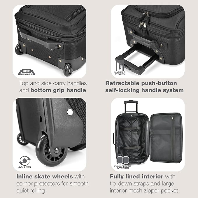 U.S. Traveler Rio Fabric Expandable Carry-on Luggage, Rolling Suitcase, Black, 2 Wheel Set