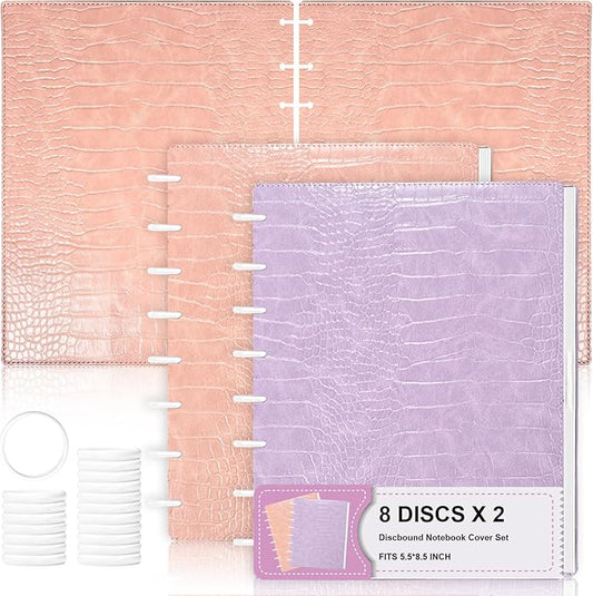 2 Pack PU Leather 5.5x8.5in Discbound Notebook Cover And Disc Set Discbound Planner Cover With 16 Pcs Expansion Discs Junior Size Disc Bound Notebook Accessories(Pink&Purple，No Inner Paper)