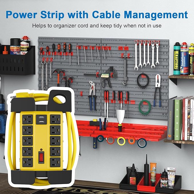 CCCEI Heavy Duty Power Strip with USB Ports, Garage 10 Outlets Surge Protector 2700 Joules, Industrial Workshop Metal 15Amp Multiple Outlets, 10 FT Extension Cord and Wide Spaced Yellow.
