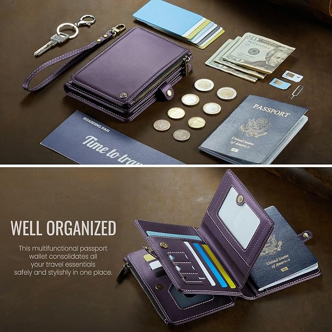 Passport Holder Wallet Bag with AirTag Holder, 11 Card Slots and Passport Solt Cash Solt Photo Solt Zipper Pocket, RFID Blocking Wristlet Strap.Purple