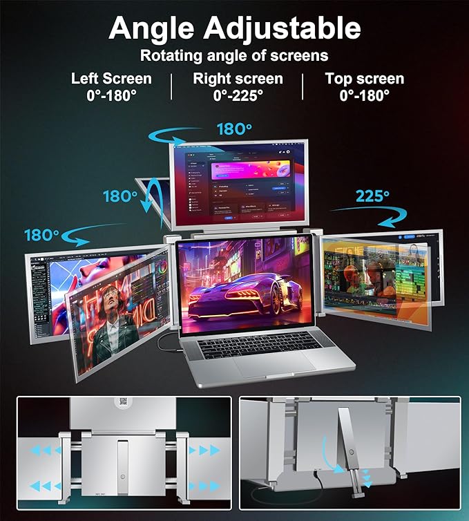 FOPO 14" Laptop Screen Extender Monitor Portable, Quad Monitor, Just 1 Cable for 3 Screens, FHD 1080P IPS Laptop Extender Compatible with Wins/Mac(M1 M2 M3) for 13.6" - 17.3" Laptops