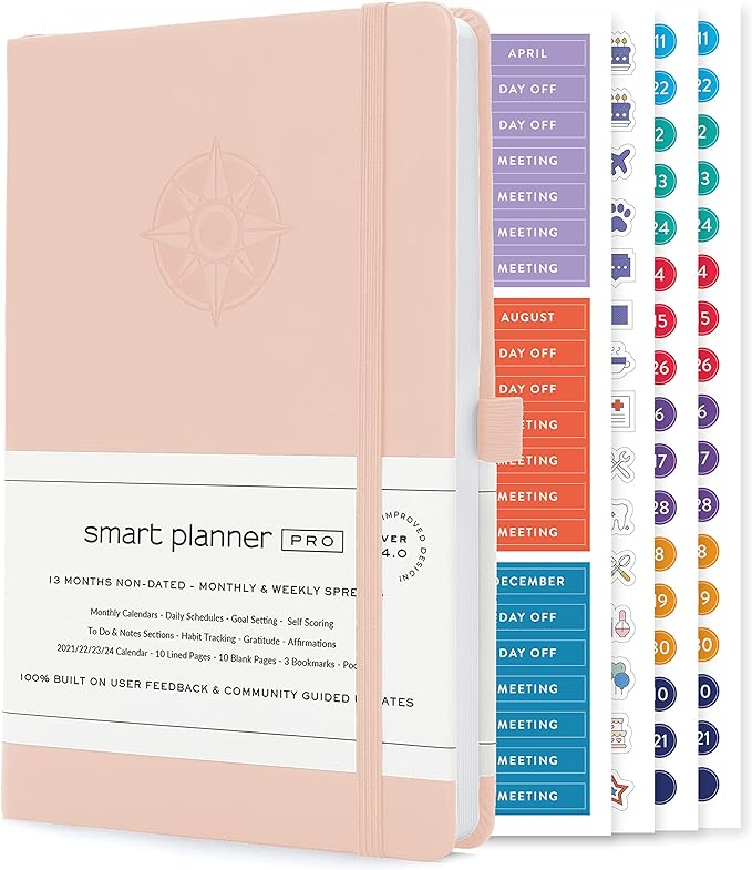 Smart Planner Pro – Undated Daily Planner – Small A5 – Achieve Goals & Increase Productivity – Weekly, Monthly, Work Sections, Organizer Diary with Back Pocket, 3 Satin Bookmarks & Pen Holder