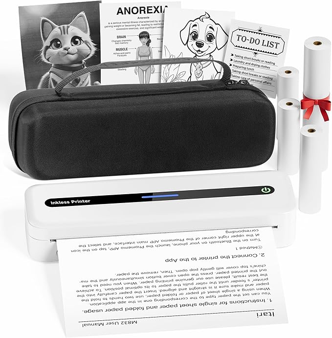 Itari Portable Printer for Travel with Case and 4 Rolls Paper, Inkless Thermal Printer, Support 8.5" x 11" A4 & US Letter, Wireless Compatible with iPhone, Android, Laptop, White