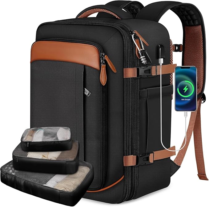 Vancropak 40L Travel Backpack for Women & Men, Large Expandable Carry on Backpack for Airplanes with 3 Packing Cubes, Airline Approved Water Resistant Anti Theft Travel Bag fit 17" Laptop, Black Brown