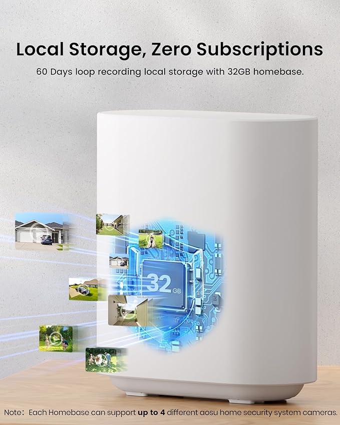 AOSU Solar Security Cameras Wireless Outdoor, 2Mins DIY Installation, No Subscription Cameras for Home Security System, Local Storage, 2K Color Night Vision for Surveillance, 2.4&5ghz WiFi, 4 Cam-kit