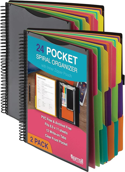 Samsill 2 Pack Deluxe 24 Pocket Spiral Project Organizer with Inner Zipper Pouch, Customizable Front Cover, 12 Dividers with Erasable Write-On Tabs in Fashion Colors, Plastic Folders with Pockets