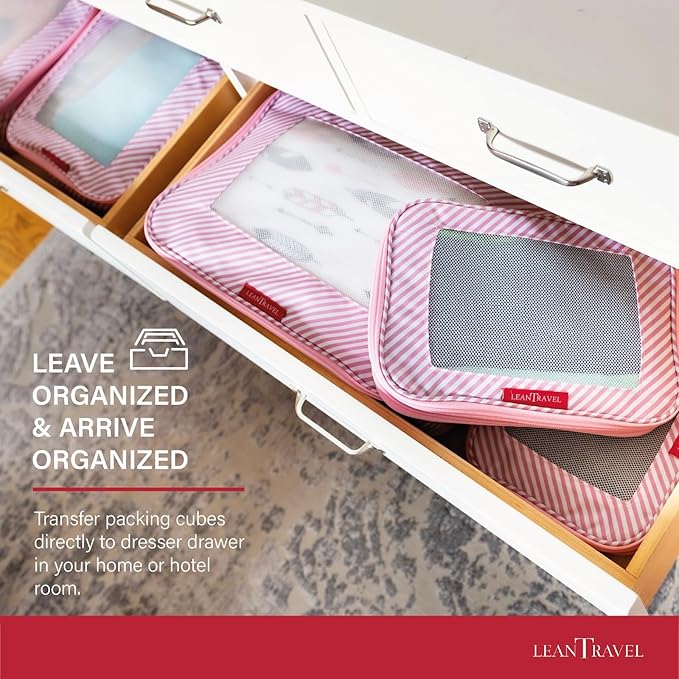 LeanTravel Compression Packing Cubes for Travel Organizers with Double Zipper (6-Pack (2L+2M+2S), Pink Stripes)