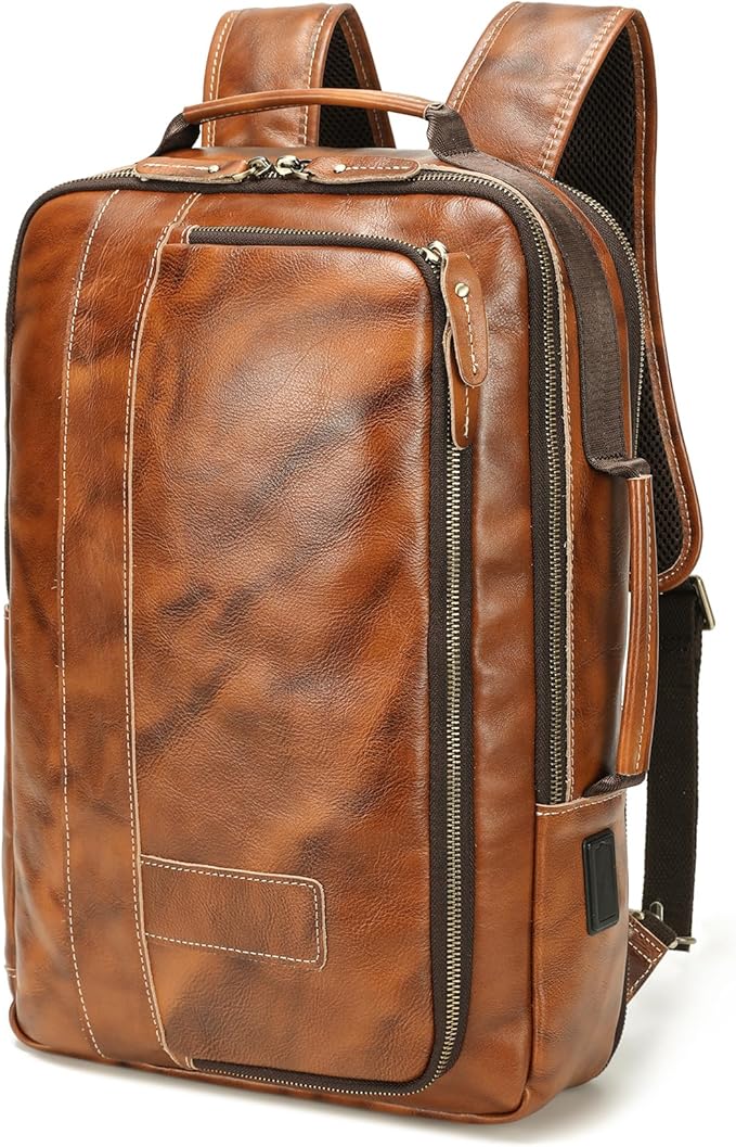 LANNSYNE Vegetable Tanned Leather Backpack for men, Expandable Leather Backpack Fits 15.6 Laptop, Tote Shoulder Travel Bag Rucksack
