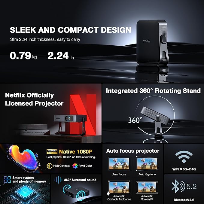 【Netflix-Licensed Projector & Native 1080P】Thinnest 2.24" Smart Mini Projector with WiFi and Bluetooth, Auto Focus & Keystone Portable Outdoor Projector, VOPLLS 4K Support Home Movie Projector