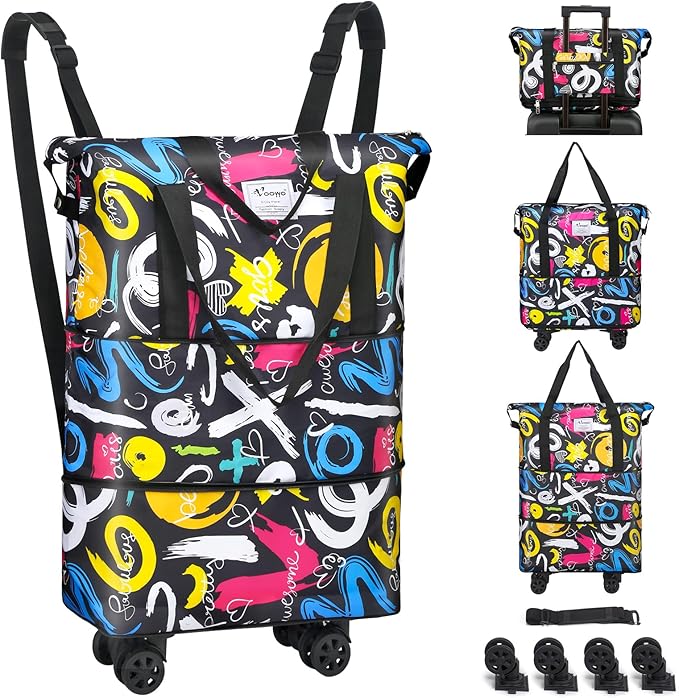 VOOWO Duffel Bag with Wheels - Rolling Foldable Expandable Duffle Bag with Wheels for Travel, Rolling Luggage Carry On Bag with Wheels, Large Rolling Backpack Weekend Bags for Men Women (Black)