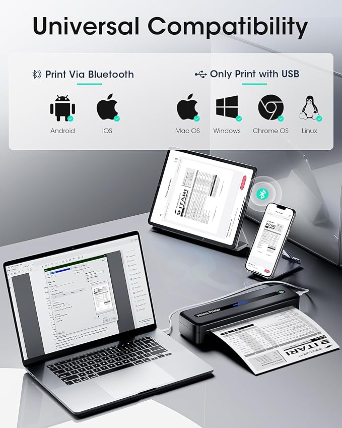 Itari Portable Printer for Travel with Case and 4 Rolls Paper, Inkless Thermal Printer, Support 8.5" x 11" A4 & US Letter, Wireless Compatible with iPhone, Android, Laptop, Black