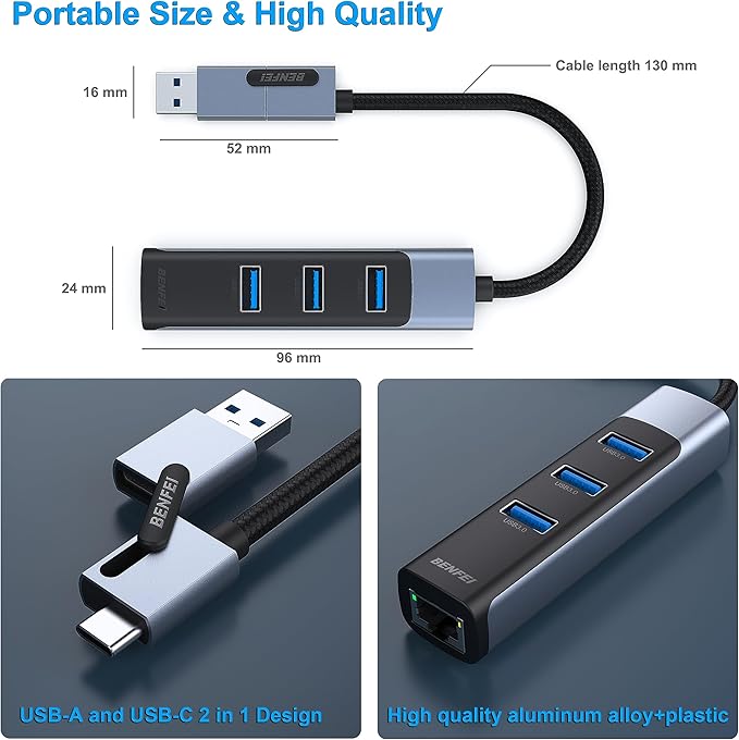 BENFEI 2in1 USB-C/USB 3.0 to Ethernet Adapter with 3*USB 3.0 Ports Compatible for iPhone 15 Series, MacBook Pro/Air 2023/2022/2021/2020/2019 and More