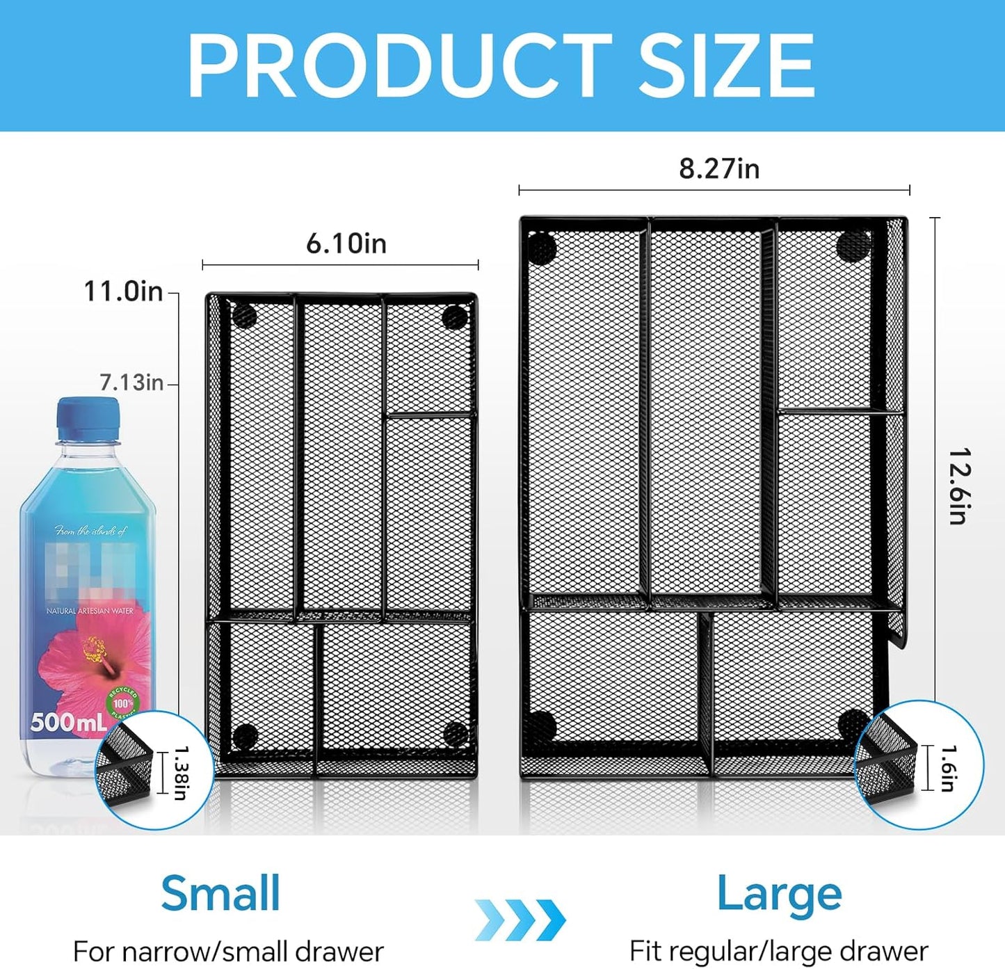 Desk Drawer Organizer, Office Drawer Divider Organizer Tray with 6 Compartments, Metal Mesh Desktop Organization and Accessories for Stationery Makeup Kitchen Toolroom School ＆Office, 12.6x8.27x1.6 in