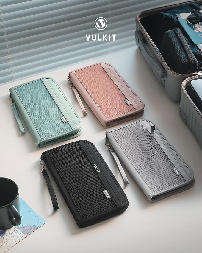 VULKIT Passport Wallet Passport Family Holder RFID Blocking Travel Card Organizer with Wrist Strap for Men or Women(Grey)