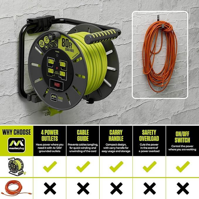 80ft Cord Reel, Retractable Extension Lead with Winding Handle, Safety Overload Circuit Breaker and Power Switch, 4X Grounded Outlets, 13amps, 14AWG Cable