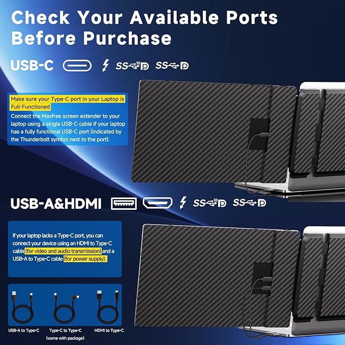 Maxfree Laptop Screen Extender, S1 14'' Laptop Monitor Extender Dual Screen Plug & Play, 1080P FHD Portable Monitor for 13.3-17'' Laptops, Compatible with macOS/Windows/Dex/Android/Switch/PS5