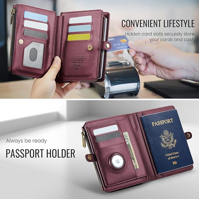 Passport Holder Wallet Bag with AirTag Holder, 11 Card Slots and Passport Solt Cash Solt Photo Solt Zipper Pocket, RFID Blocking Wristlet Strap.Wine