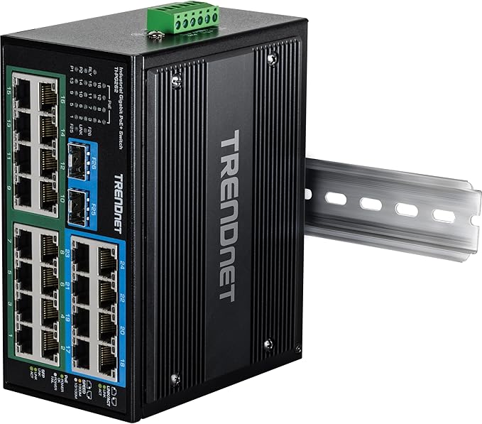TRENDnet 26-Port Hardened Industrial Unmanaged Gigabit DIN-Rail Switch, TI-PG262, 16 x Gigabit PoE+ Ports, 8 x Gigabit RJ-45 Ports, 2 x SFP Ports, IP30, Lifetime Protection, Black
