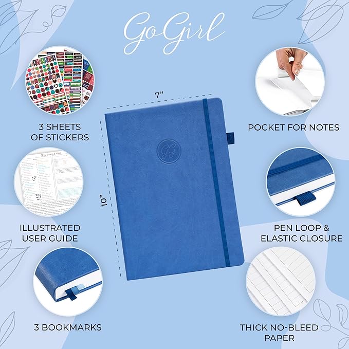 GoGirl Planner PRO Schedule - Undated Planner with Hourly Time Slots, Monthly, Weekly & Daily Organizer, Appointment Book for time Management, 7"x10" Hardcover, Lasts 1 Year - Blue