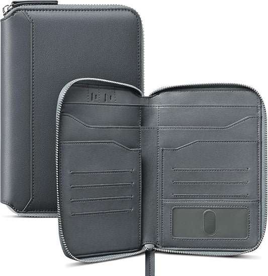 VULKIT Leather Passport Holder for 4-8 Passports Family Passport Wallet with Zipper Travel Documents Organizer for Men or Women(Navy)