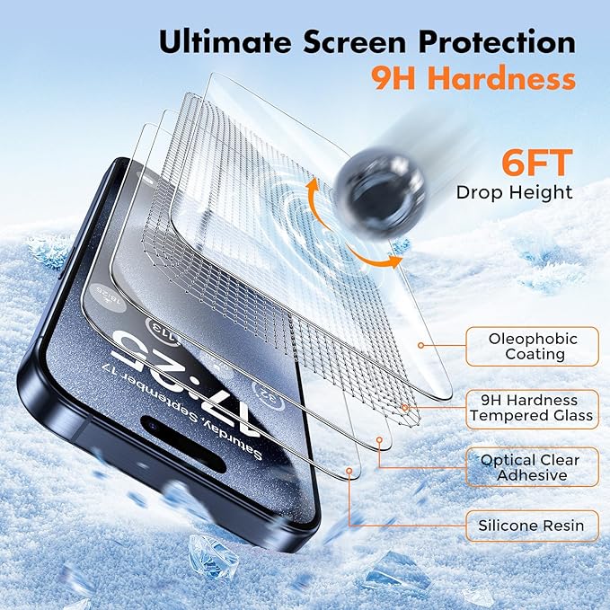 UNBREAKcable Shatterproof Tempered Glass Screen Protector for iPhone 15 Pro Max [3-Pack][Easy Installation Frame] [9H Hardness] [99.99% HD Clear] [Bubble Free] for Apple 6.7”