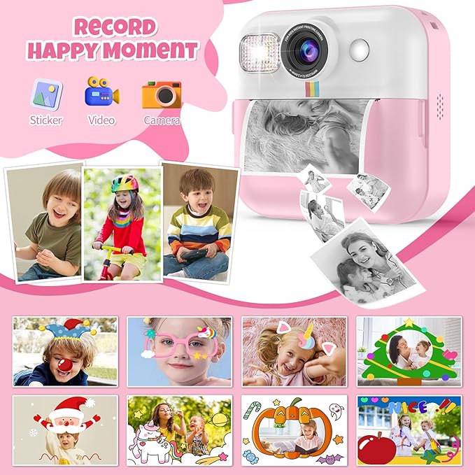 Instant Print Camera for Kids, Christmas Birthday Gifts for Girls Age 3-10, Toddler Toy for 3 4 5 6 7 8 9 10 Year Old Girls with 3 Roller Photo Paper (Pink)
