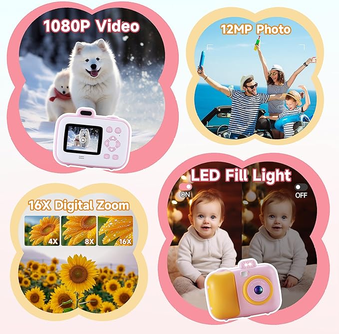 Kids Camera Instant Print for Girls Boys Age 3-12 Kids Toys, 12MP 1080P Kids Digital Cameras Christmas Birthday Gifts for 4 5 6 7 8 9 10 Year Old Girls, Toddler Camera