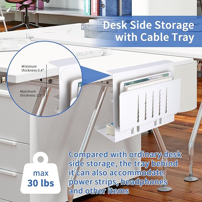 LUKETURE Desk Side Laptop Holder, Side Desk Laptop Holder with Cable Management Tray, 2 in 1 Steel Under Table Laptop Mount, Table Hanging Storage for Office and Home (White)