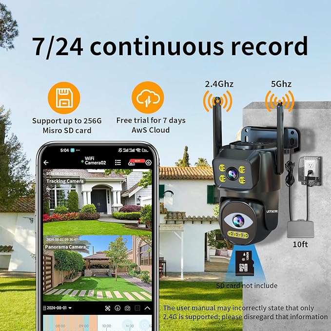 Dual Lens WiFi Security Camera Outdoor, 2.4G/5G PTZ Outdoor Plug-in Camera Auto Tracking,Home Security Surveillance System,WiFi,Night Vision,7/24 Recording