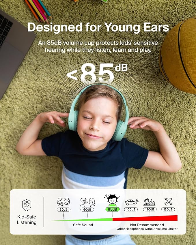 Belkin SoundForm Mini - Wireless Bluetooth Headphones for Kids with 30H Battery Life, 85dB Safe Volume Limit, Built-in Microphone - Kids On-Ear Earphones for iPhone, iPad, Fire Tablet & More - Mint