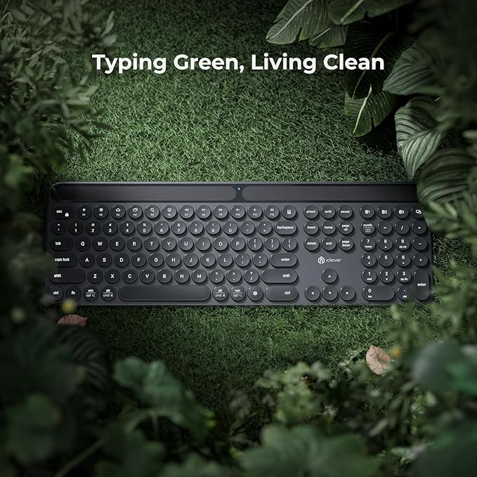 iClever Solar Bluetooth Keyboard, Wireless Keyboard with Solar & Indoor Light Charging, Full Size, 3-Device Connectivity, Silent Scissor Round Keys, Numeric Keypad for Office/Home/Mac/Windows