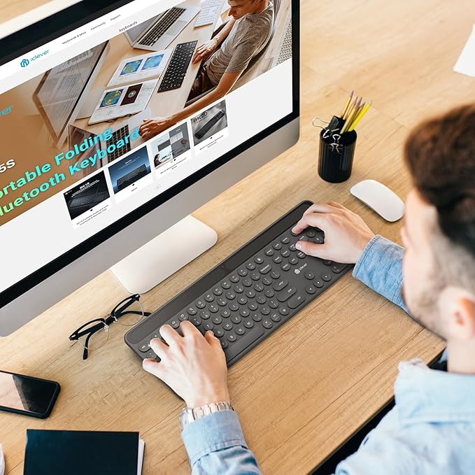 iClever Solar Bluetooth Keyboard, Wireless Keyboard with Solar & Indoor Light Charging, Full Size, 3-Device Connectivity, Silent Scissor Round Keys, Numeric Keypad for Office/Home/Mac/Windows