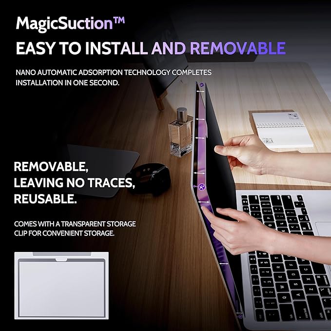 Privacy Screen for MacBook Air 13 Inch (2018-2021, M1) & MacBook Pro 13 In (2016-2022, M1, M2), MagicSuction™ Removable Anti Spy Black Protector, Glare Blue Light Filter for Mac Laptop Computer