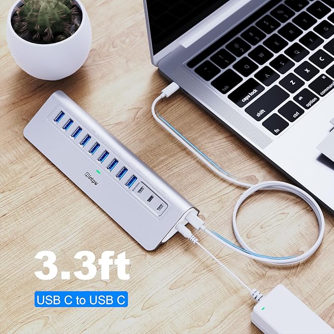 Powered USB Hub 10Gbps, intpw 12 Port USB C Hub with 10Gbps USB C 3.2, 2 USB A 3.2, 7 USB 3.0, 2 PD 45W Charging Ports, 65W Power Adapter and 3.3FT Cable, Aluminum USB Hub for Laptop, iPhone16/15, PC