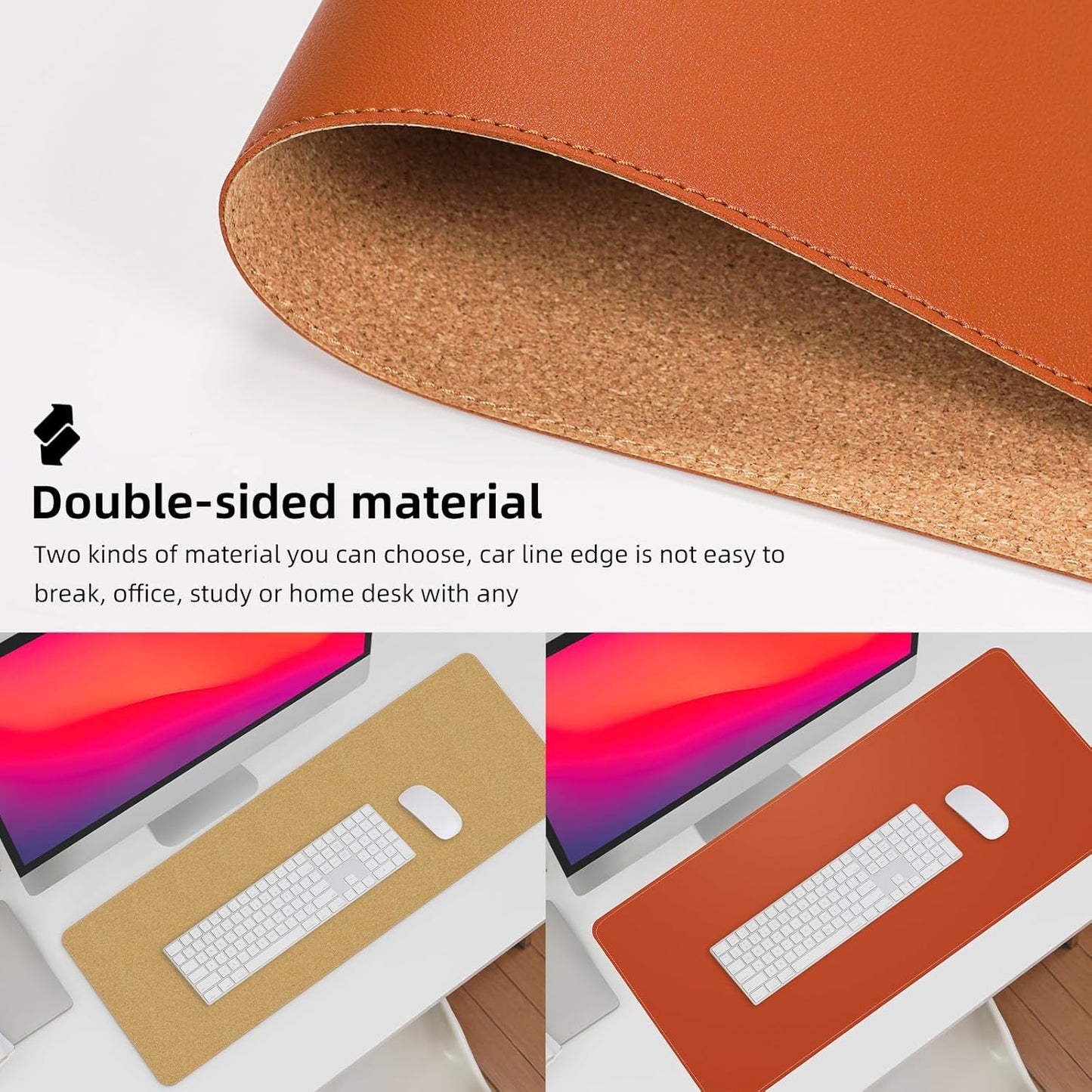 Leather Desk pad Protector, Large Desk mat with Natural Cork & PU Leather,Mouse pad,Non-Slip Office Desk Mat,Waterproof Desk Writing Pad for Office and Home (35in*17in, Orange)