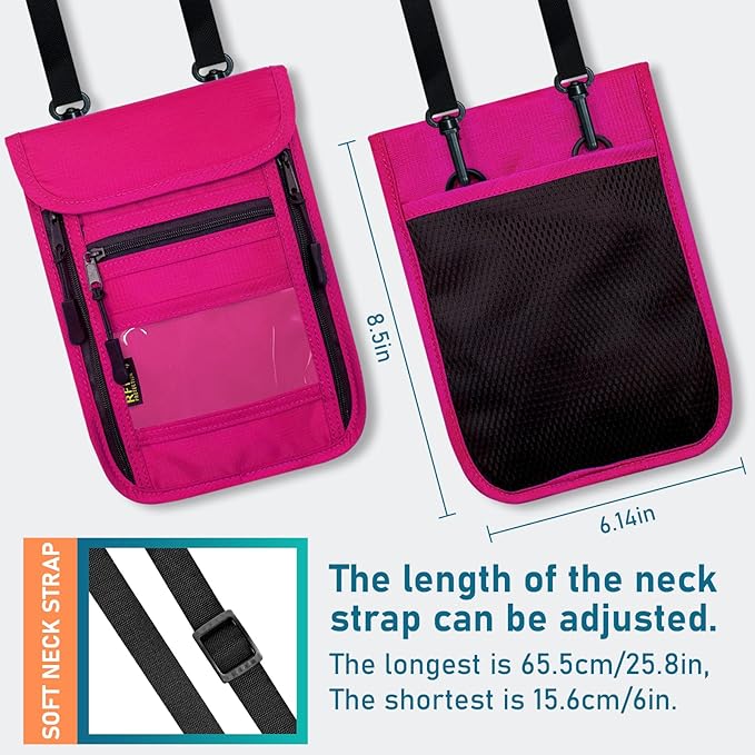 sundee Travel Neck Wallet with Double Zippers, RFID Blocking Passport Holder with Adjustable Neck Strap for Men and Women to Keep Cash, Credit Cards and Travel Documents Safe - Rose Red