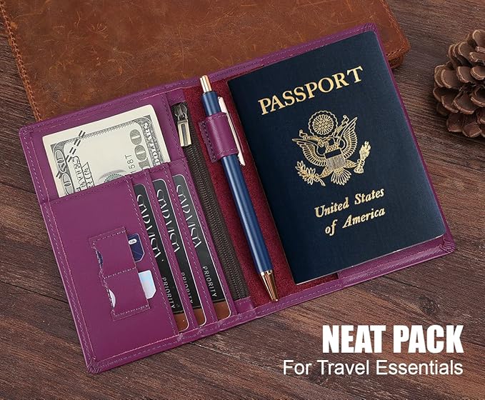 STAR VISTA Phoenix Leather Passport Holder, Calfskin Travel Wallet - RFID Blocking, ID Window, Zipper Pocket, Pen & Notebook Included, Violet