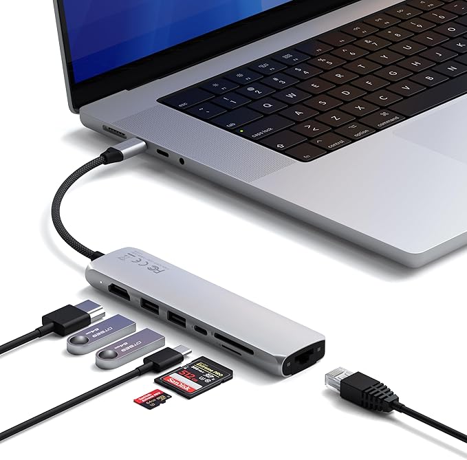 Satechi 7 in 1 USB C Hub Multiport Adapter with Ethernet, HDMI 4K@60Hz, 100W PD Charging, 2X USB-A Data Ports, Micro/SD Card Readers for MacBook Air/Pro M4, iPad, Windows - Silver